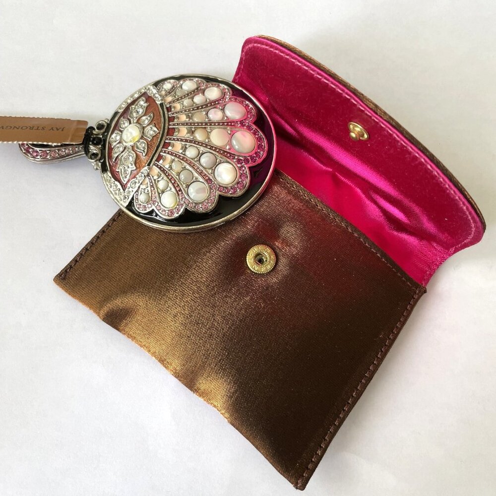 JAY STRONGWATER Hand Mirror, Enameled with SWAROVSKI Crystals & Silk Pouch NEW!